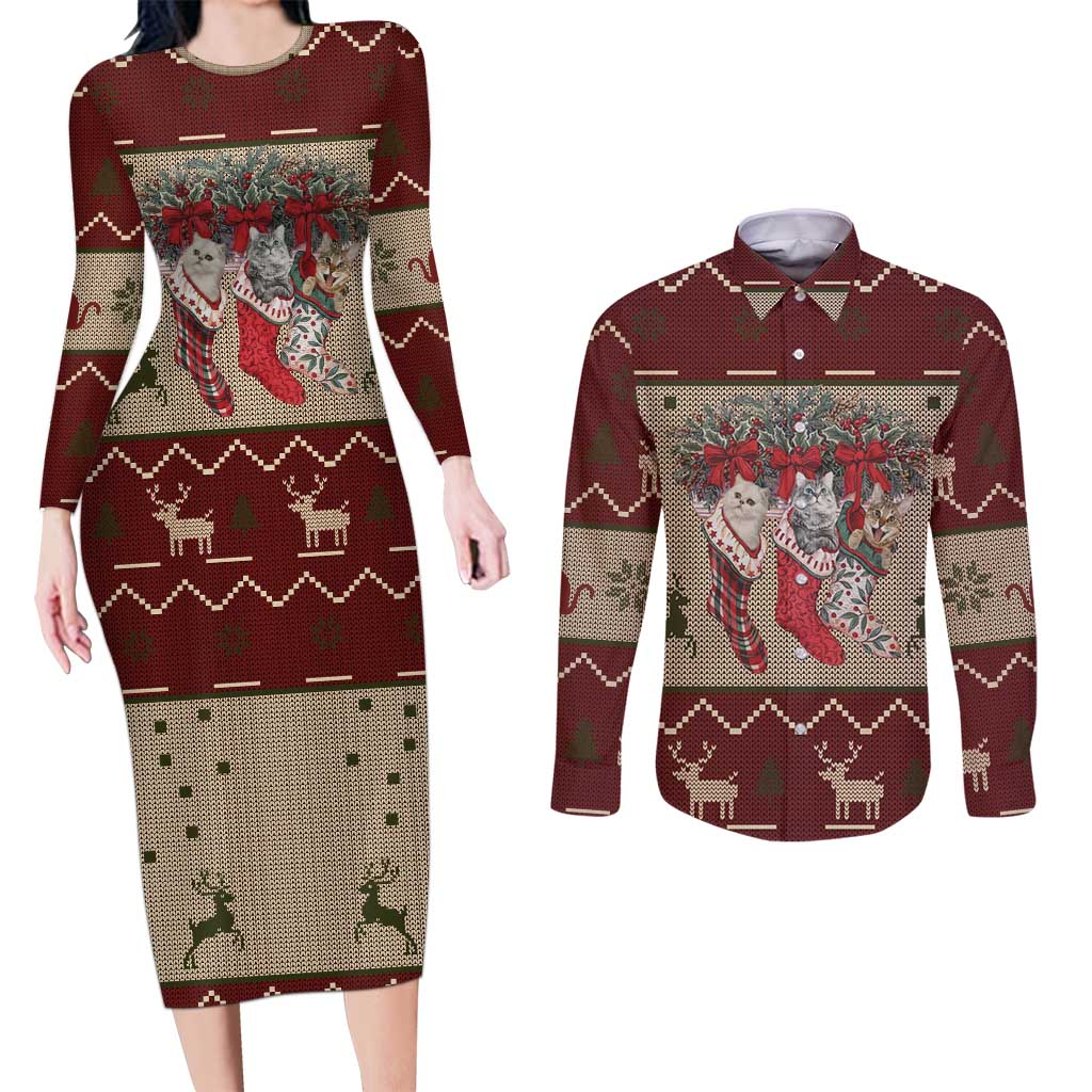 Cat And Sock Christmas Couples Matching Long Sleeve Bodycon Dress and Long Sleeve Button Shirt Xmas Holiday Patterns - Wonder Print Shop