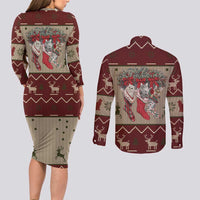 Cat And Sock Christmas Couples Matching Long Sleeve Bodycon Dress and Long Sleeve Button Shirt Xmas Holiday Patterns - Wonder Print Shop