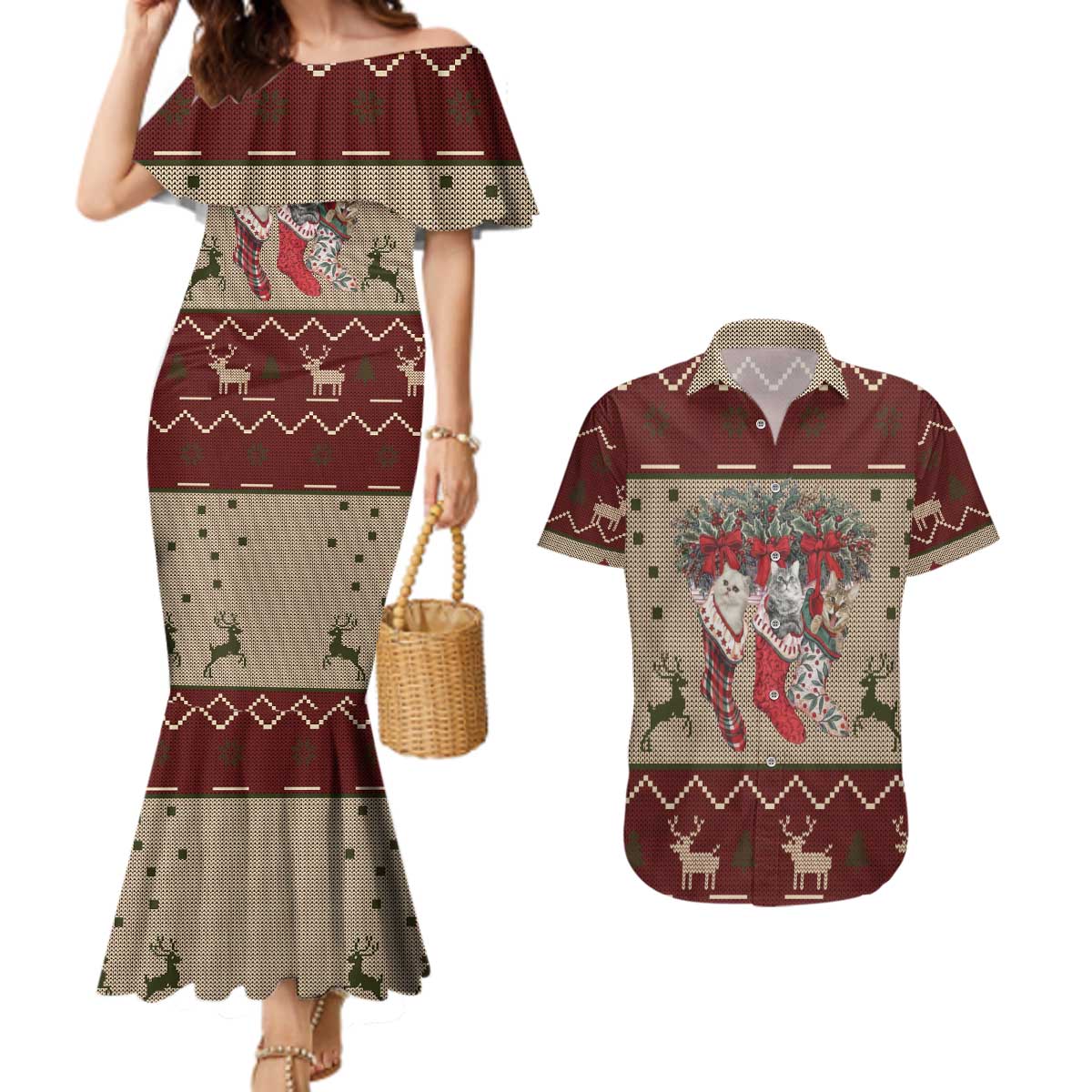 Cat And Sock Christmas Couples Matching Mermaid Dress and Hawaiian Shirt Xmas Holiday Patterns - Wonder Print Shop