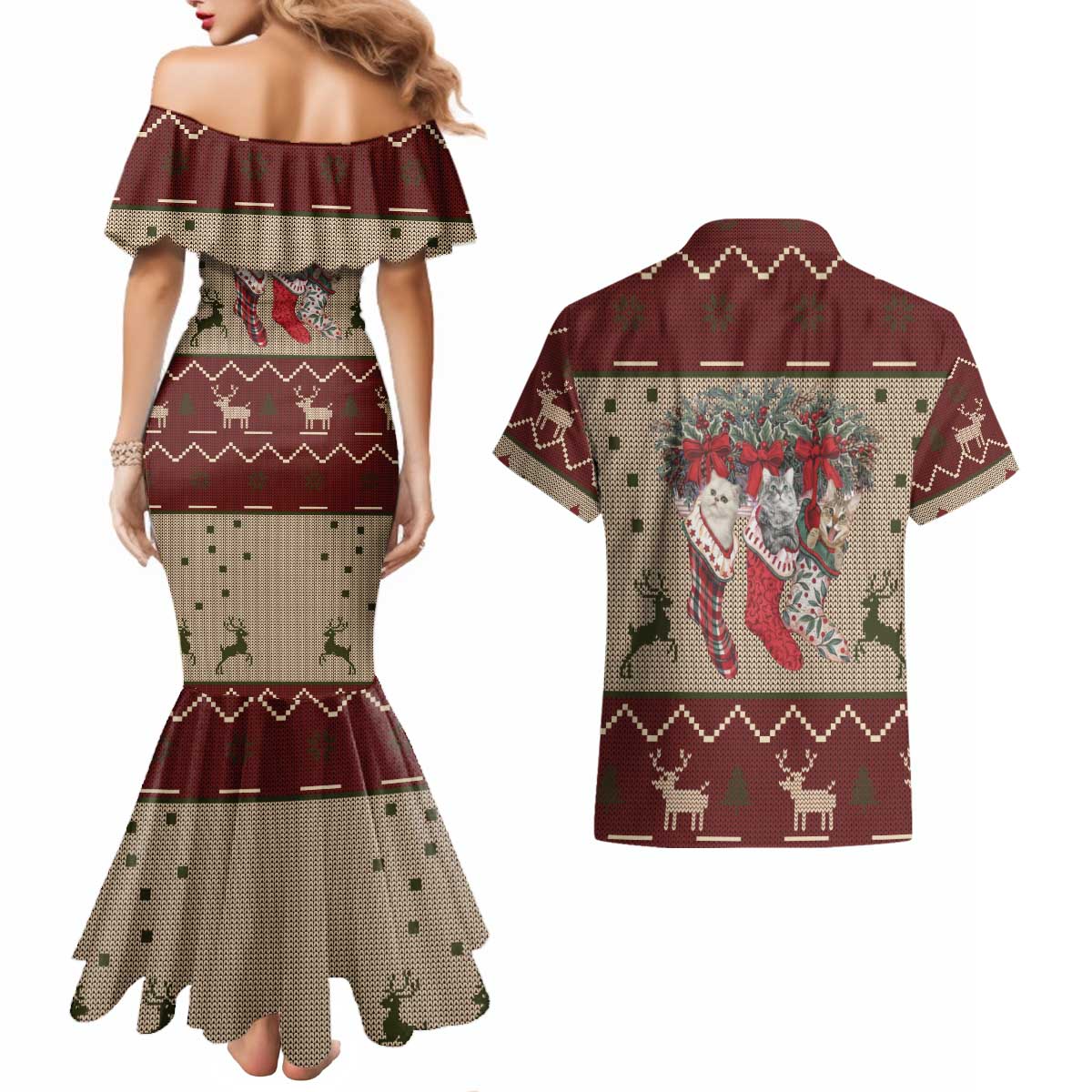 Cat And Sock Christmas Couples Matching Mermaid Dress and Hawaiian Shirt Xmas Holiday Patterns - Wonder Print Shop