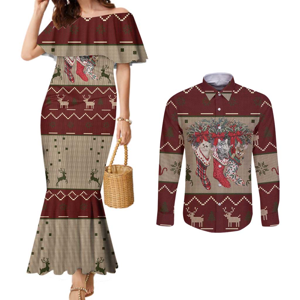 Cat And Sock Christmas Couples Matching Mermaid Dress and Long Sleeve Button Shirt Xmas Holiday Patterns - Wonder Print Shop