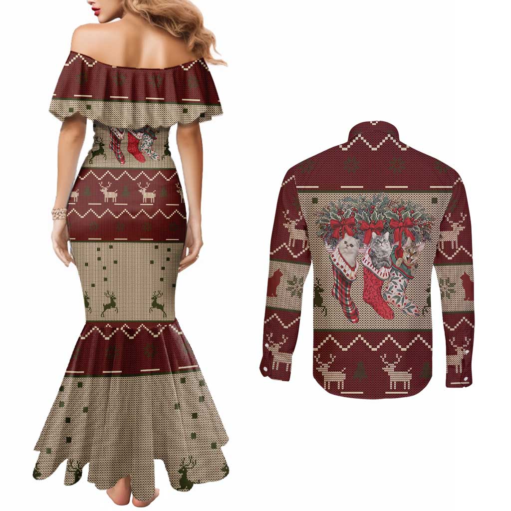 Cat And Sock Christmas Couples Matching Mermaid Dress and Long Sleeve Button Shirt Xmas Holiday Patterns - Wonder Print Shop