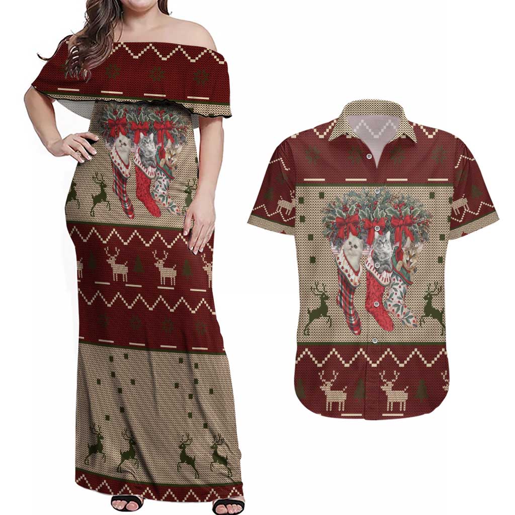 Cat And Sock Christmas Couples Matching Off Shoulder Maxi Dress and Hawaiian Shirt Xmas Holiday Patterns - Wonder Print Shop