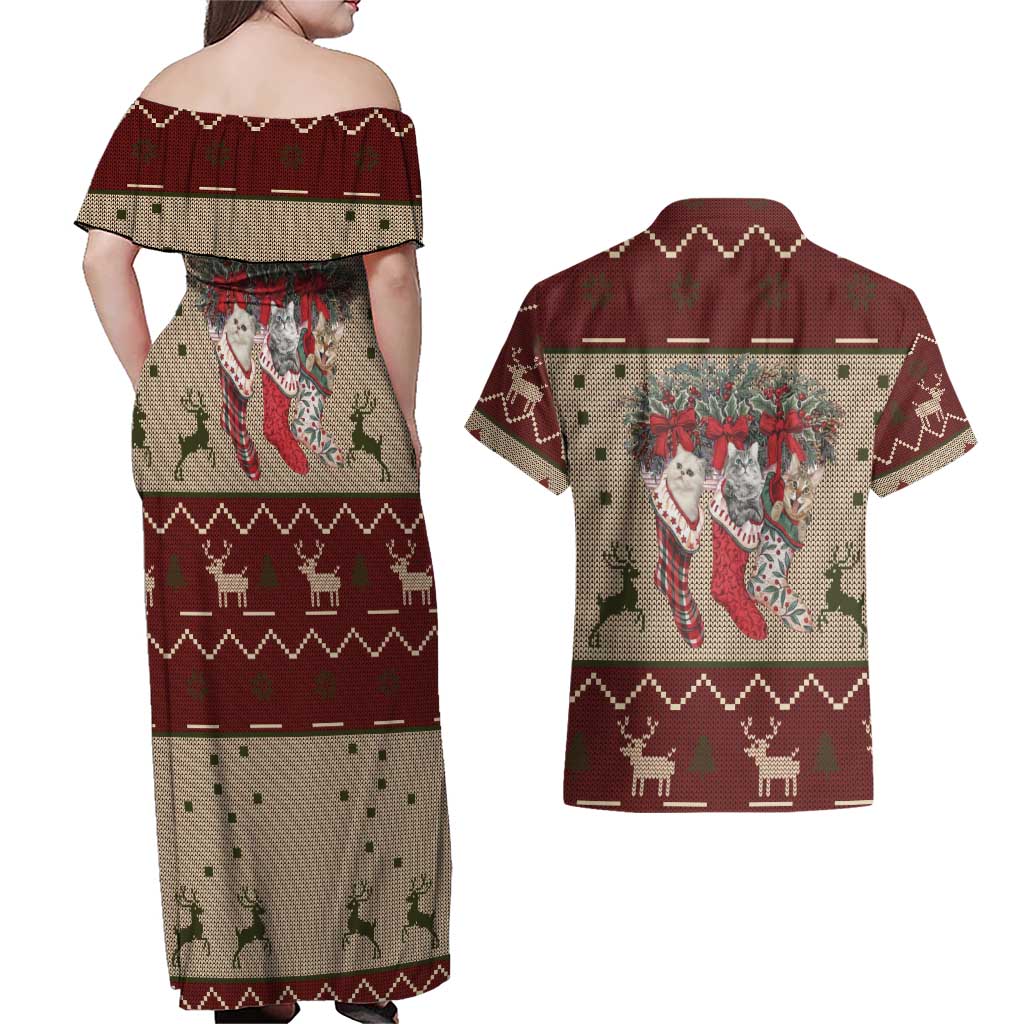 Cat And Sock Christmas Couples Matching Off Shoulder Maxi Dress and Hawaiian Shirt Xmas Holiday Patterns - Wonder Print Shop