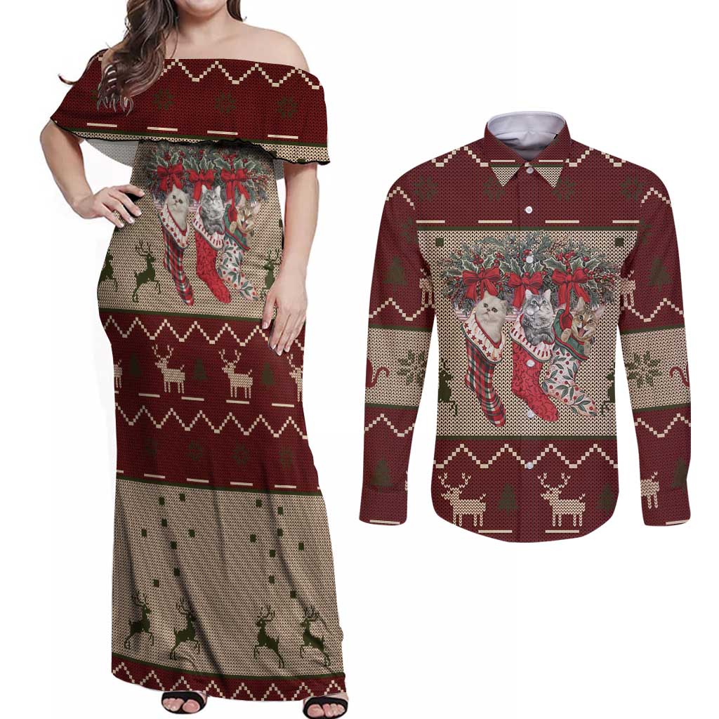 Cat And Sock Christmas Couples Matching Off Shoulder Maxi Dress and Long Sleeve Button Shirt Xmas Holiday Patterns - Wonder Print Shop