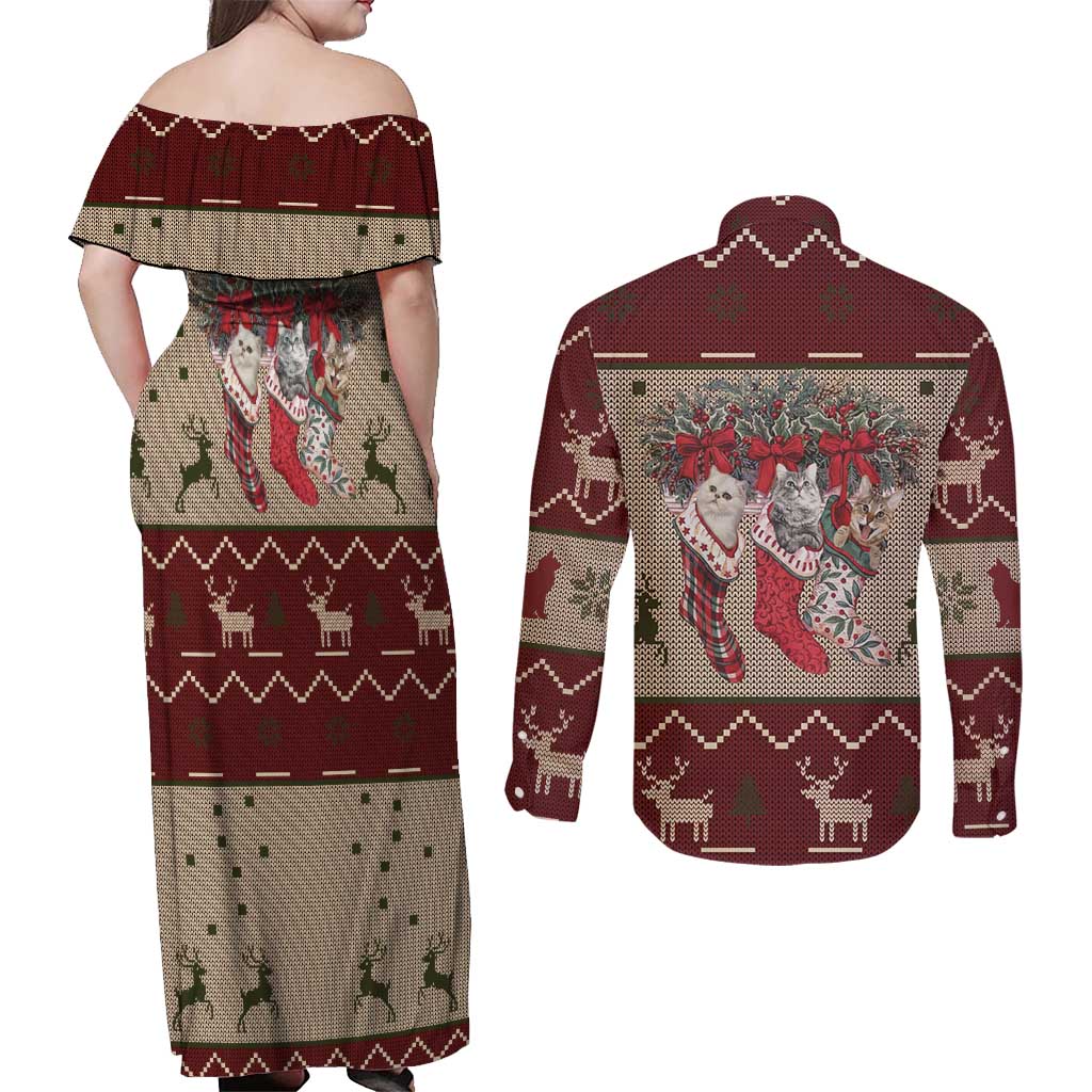 Cat And Sock Christmas Couples Matching Off Shoulder Maxi Dress and Long Sleeve Button Shirt Xmas Holiday Patterns - Wonder Print Shop