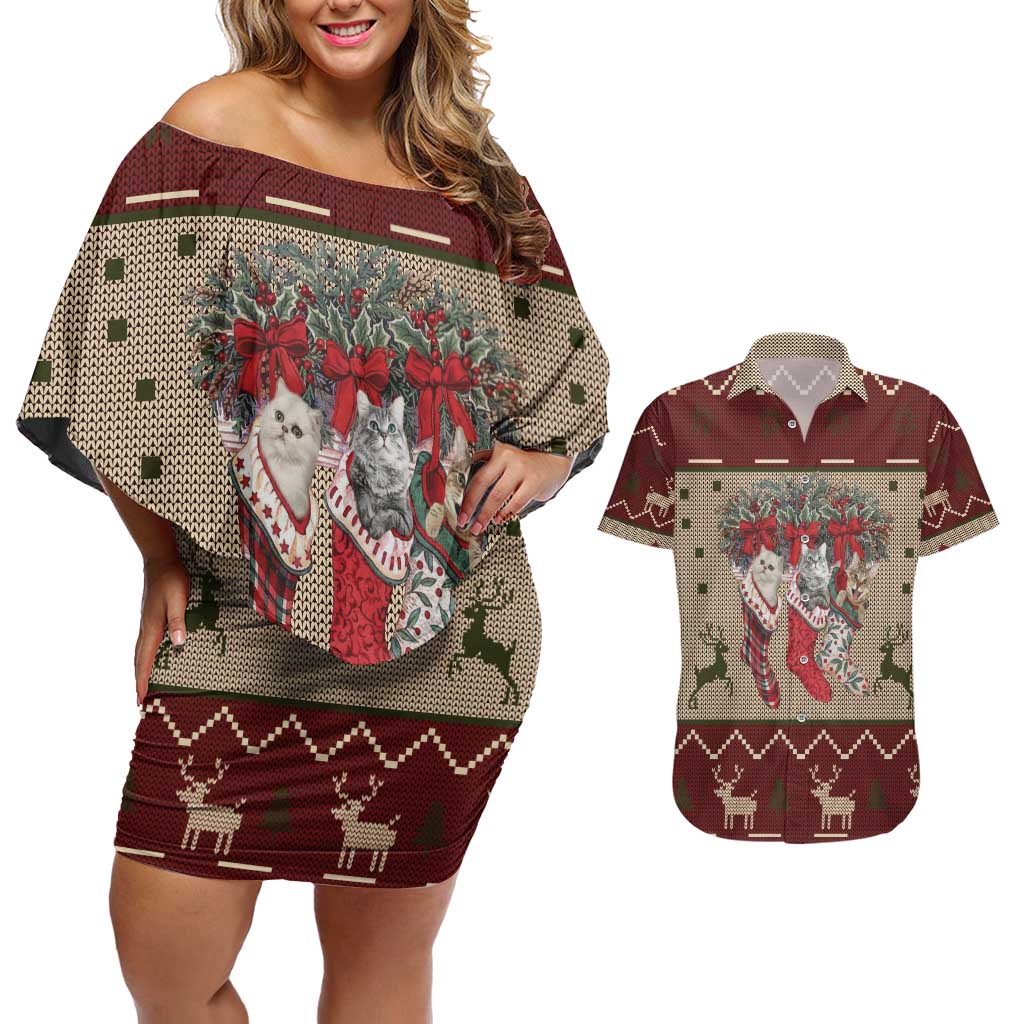 Cat And Sock Christmas Couples Matching Off Shoulder Short Dress and Hawaiian Shirt Xmas Holiday Patterns - Wonder Print Shop