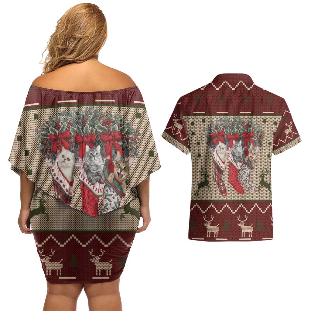 Cat And Sock Christmas Couples Matching Off Shoulder Short Dress and Hawaiian Shirt Xmas Holiday Patterns - Wonder Print Shop
