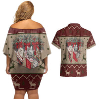 Cat And Sock Christmas Couples Matching Off Shoulder Short Dress and Hawaiian Shirt Xmas Holiday Patterns - Wonder Print Shop