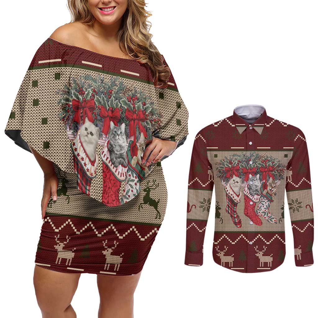 Cat And Sock Christmas Couples Matching Off Shoulder Short Dress and Long Sleeve Button Shirt Xmas Holiday Patterns - Wonder Print Shop