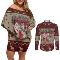 Cat And Sock Christmas Couples Matching Off Shoulder Short Dress and Long Sleeve Button Shirt Xmas Holiday Patterns - Wonder Print Shop