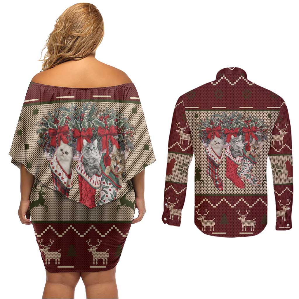 Cat And Sock Christmas Couples Matching Off Shoulder Short Dress and Long Sleeve Button Shirt Xmas Holiday Patterns - Wonder Print Shop