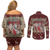 Cat And Sock Christmas Couples Matching Off Shoulder Short Dress and Long Sleeve Button Shirt Xmas Holiday Patterns - Wonder Print Shop