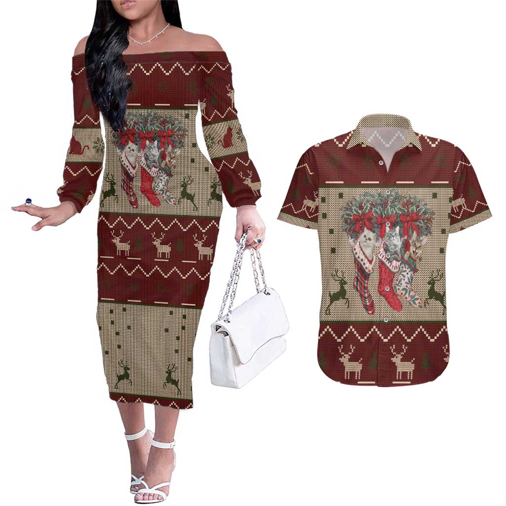Cat And Sock Christmas Couples Matching Off The Shoulder Long Sleeve Dress and Hawaiian Shirt Xmas Holiday Patterns - Wonder Print Shop
