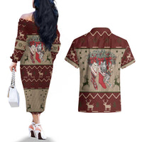 Cat And Sock Christmas Couples Matching Off The Shoulder Long Sleeve Dress and Hawaiian Shirt Xmas Holiday Patterns - Wonder Print Shop