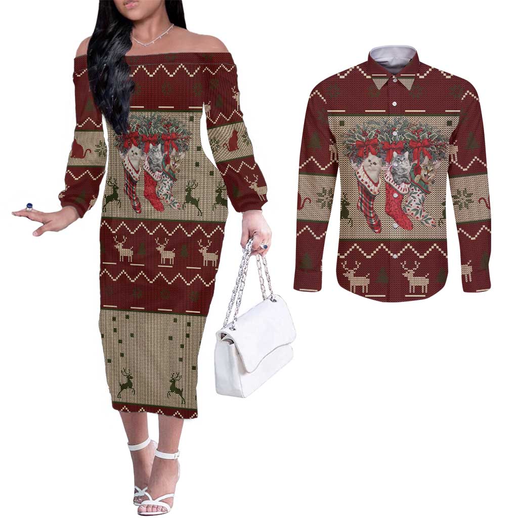 Cat And Sock Christmas Couples Matching Off The Shoulder Long Sleeve Dress and Long Sleeve Button Shirt Xmas Holiday Patterns - Wonder Print Shop