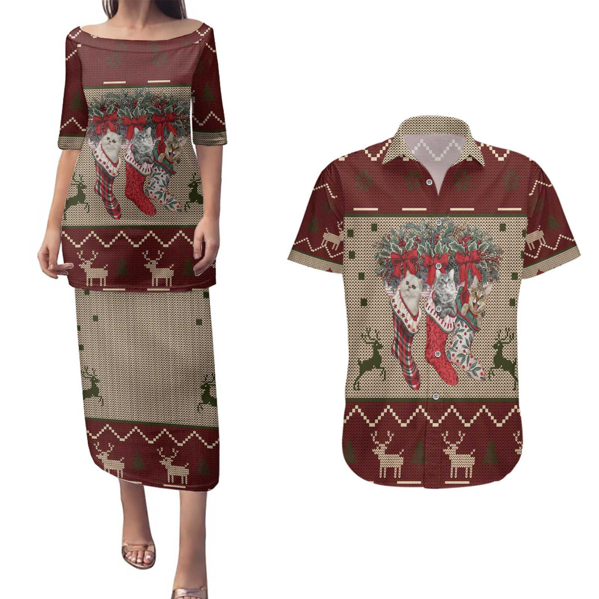 Cat And Sock Christmas Couples Matching Puletasi and Hawaiian Shirt Xmas Holiday Patterns - Wonder Print Shop