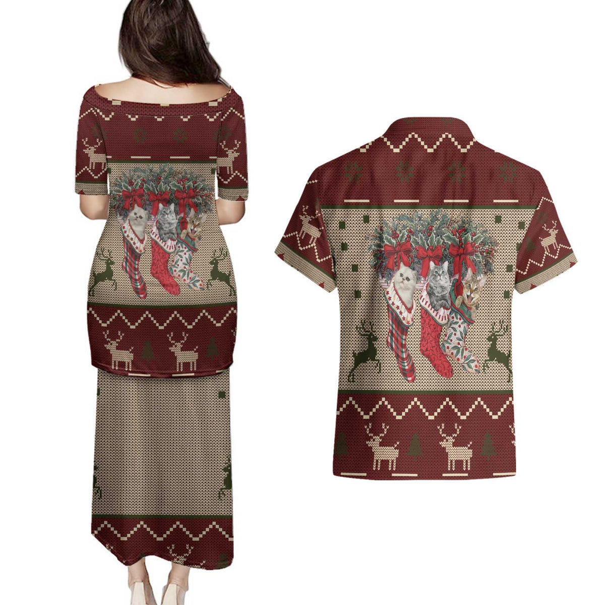Cat And Sock Christmas Couples Matching Puletasi and Hawaiian Shirt Xmas Holiday Patterns - Wonder Print Shop