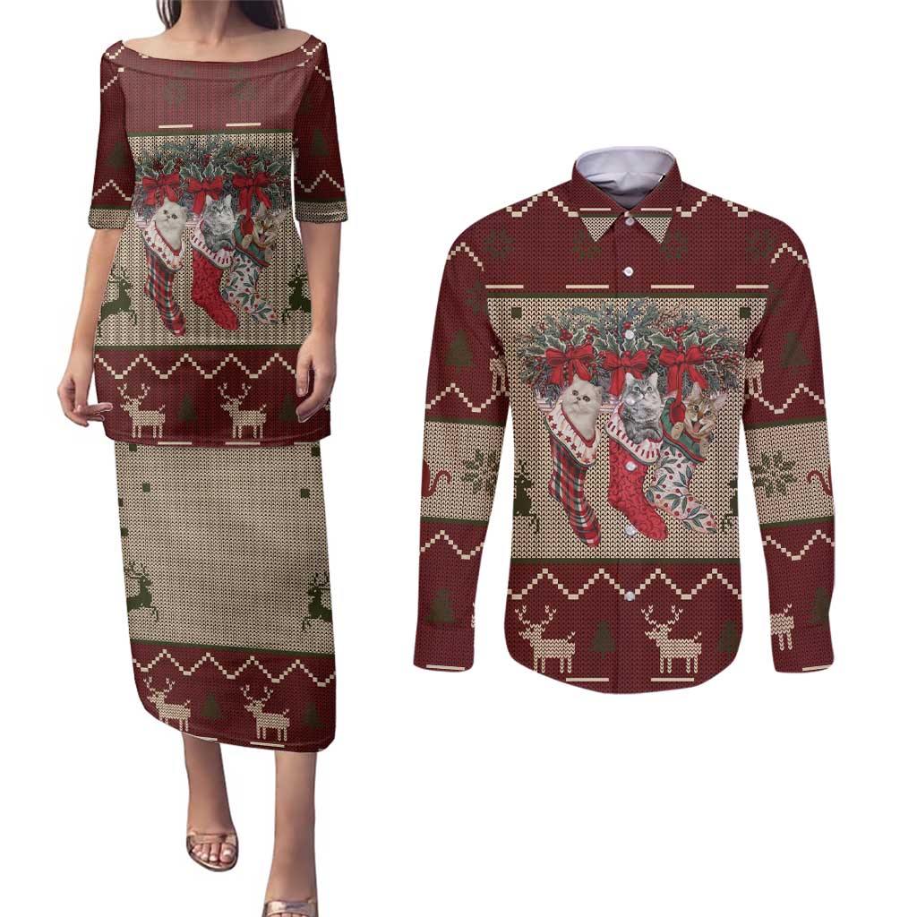 Cat And Sock Christmas Couples Matching Puletasi and Long Sleeve Button Shirt Xmas Holiday Patterns - Wonder Print Shop