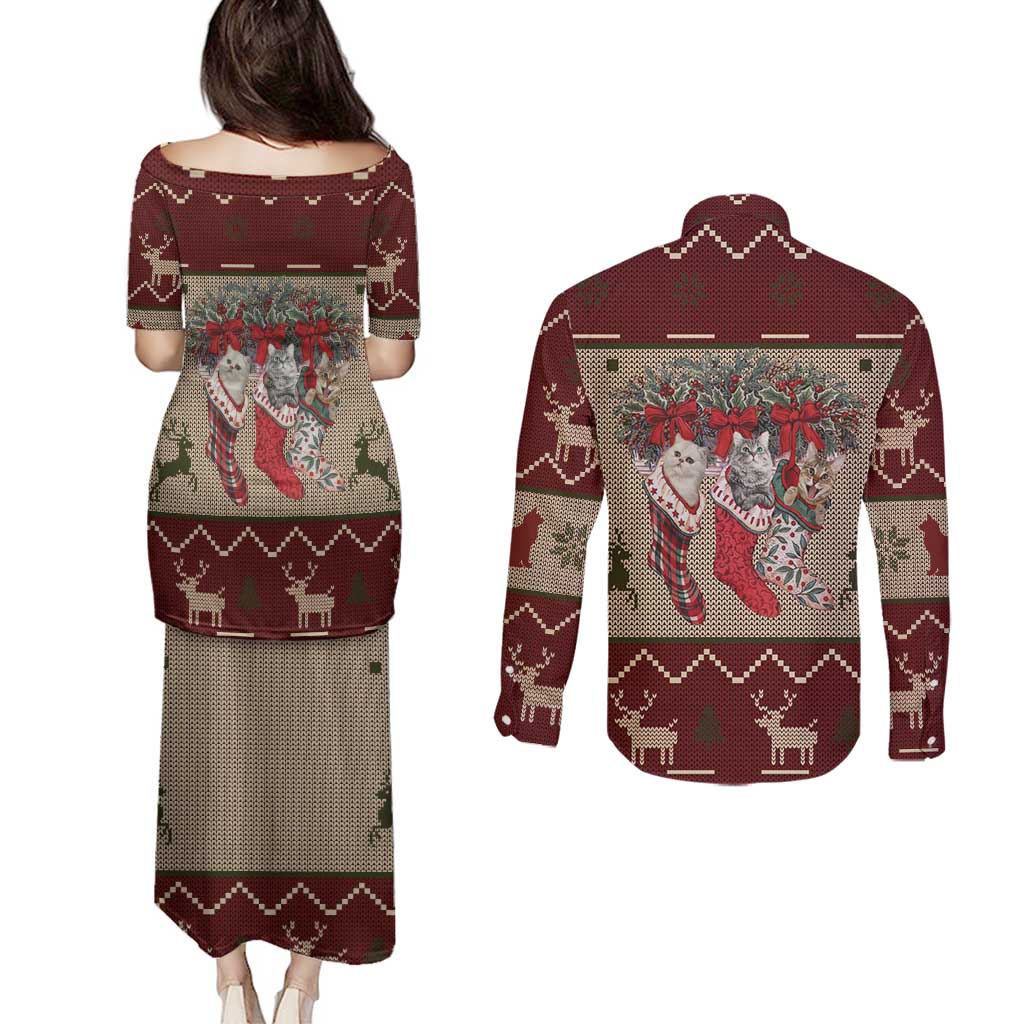 Cat And Sock Christmas Couples Matching Puletasi and Long Sleeve Button Shirt Xmas Holiday Patterns - Wonder Print Shop
