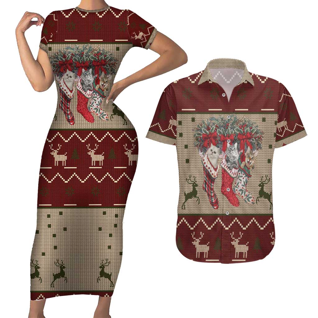 Cat And Sock Christmas Couples Matching Short Sleeve Bodycon Dress and Hawaiian Shirt Xmas Holiday Patterns - Wonder Print Shop