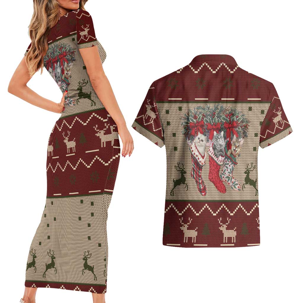 Cat And Sock Christmas Couples Matching Short Sleeve Bodycon Dress and Hawaiian Shirt Xmas Holiday Patterns - Wonder Print Shop
