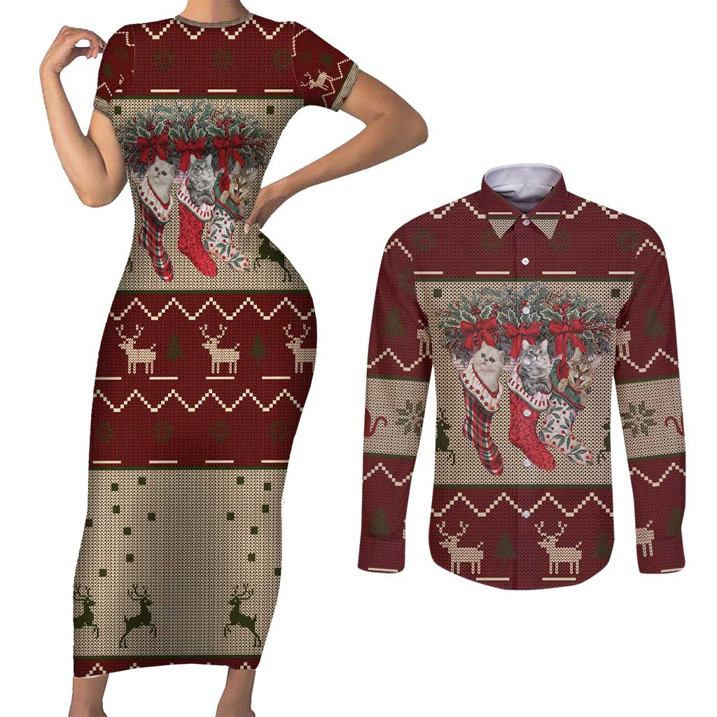 Cat And Sock Christmas Couples Matching Short Sleeve Bodycon Dress and Long Sleeve Button Shirt Xmas Holiday Patterns - Wonder Print Shop