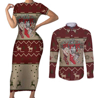 Cat And Sock Christmas Couples Matching Short Sleeve Bodycon Dress and Long Sleeve Button Shirt Xmas Holiday Patterns - Wonder Print Shop