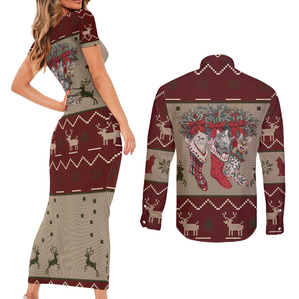 Cat And Sock Christmas Couples Matching Short Sleeve Bodycon Dress and Long Sleeve Button Shirt Xmas Holiday Patterns - Wonder Print Shop