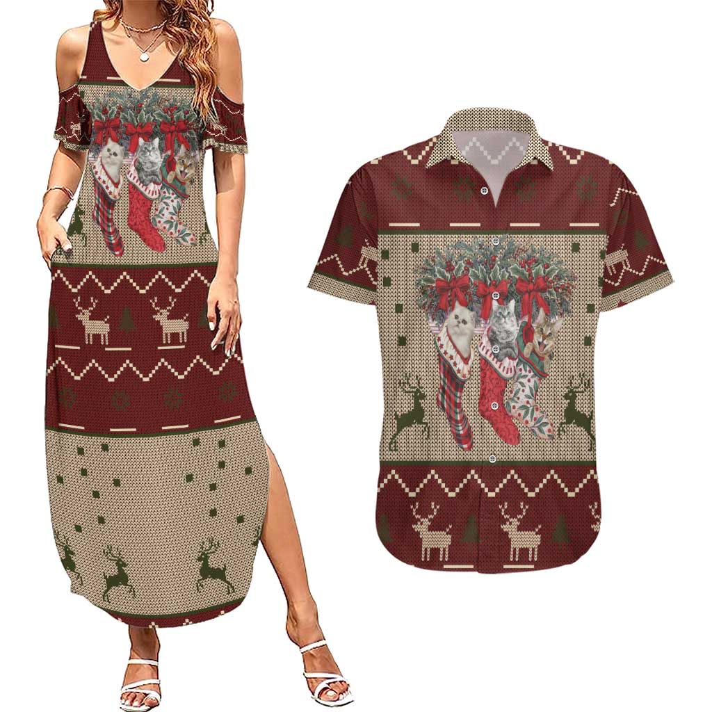 Cat And Sock Christmas Couples Matching Summer Maxi Dress and Hawaiian Shirt Xmas Holiday Patterns - Wonder Print Shop