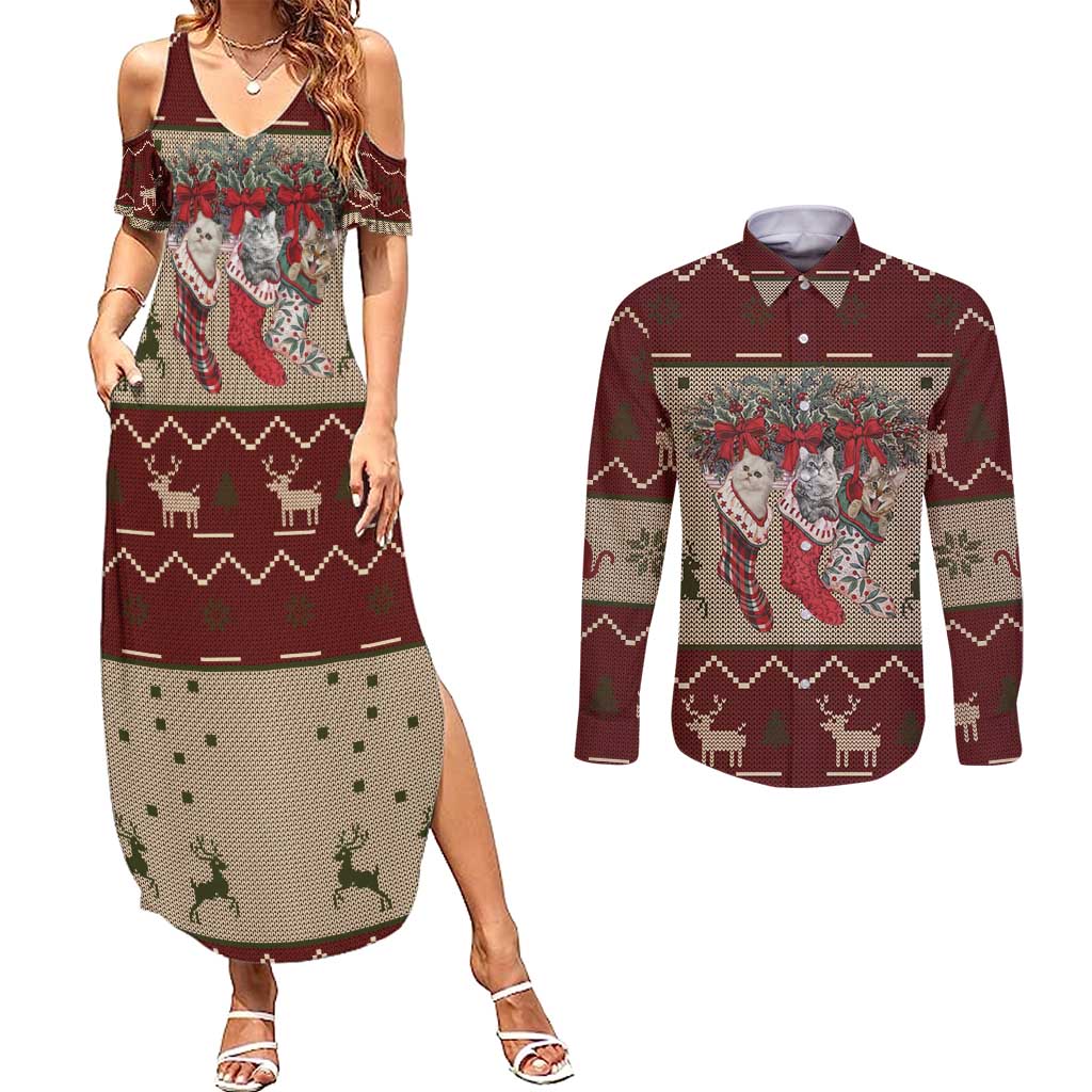 Cat And Sock Christmas Couples Matching Summer Maxi Dress and Long Sleeve Button Shirt Xmas Holiday Patterns - Wonder Print Shop