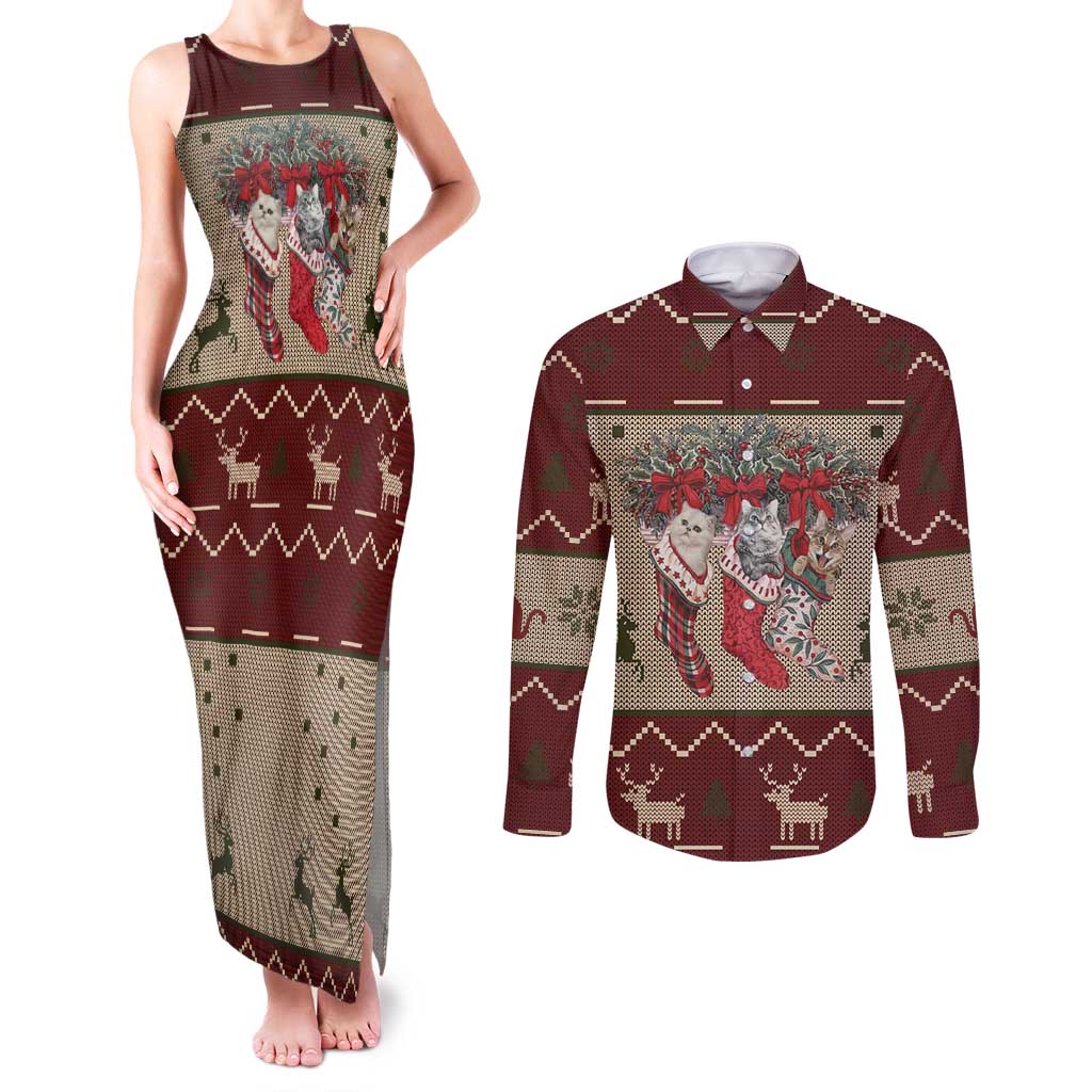 Cat And Sock Christmas Couples Matching Tank Maxi Dress and Long Sleeve Button Shirt Xmas Holiday Patterns - Wonder Print Shop
