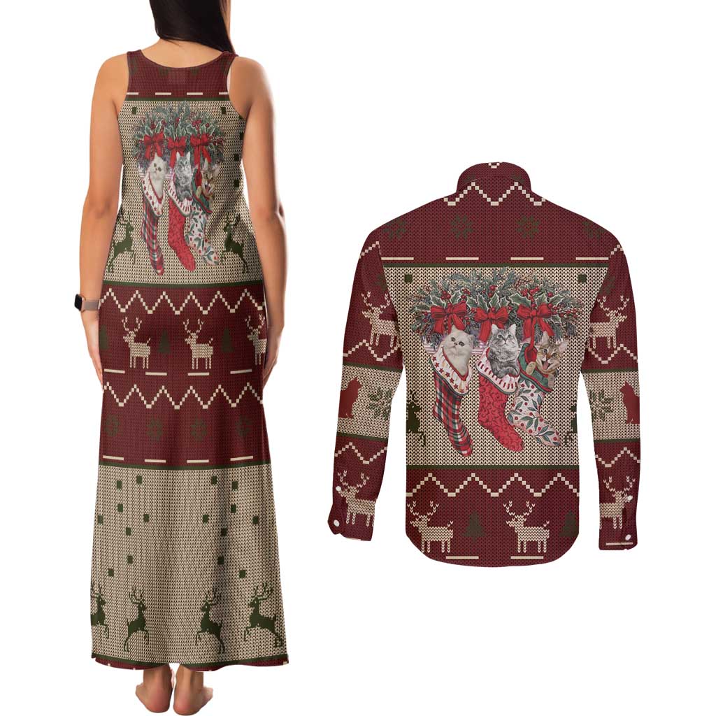 Cat And Sock Christmas Couples Matching Tank Maxi Dress and Long Sleeve Button Shirt Xmas Holiday Patterns - Wonder Print Shop
