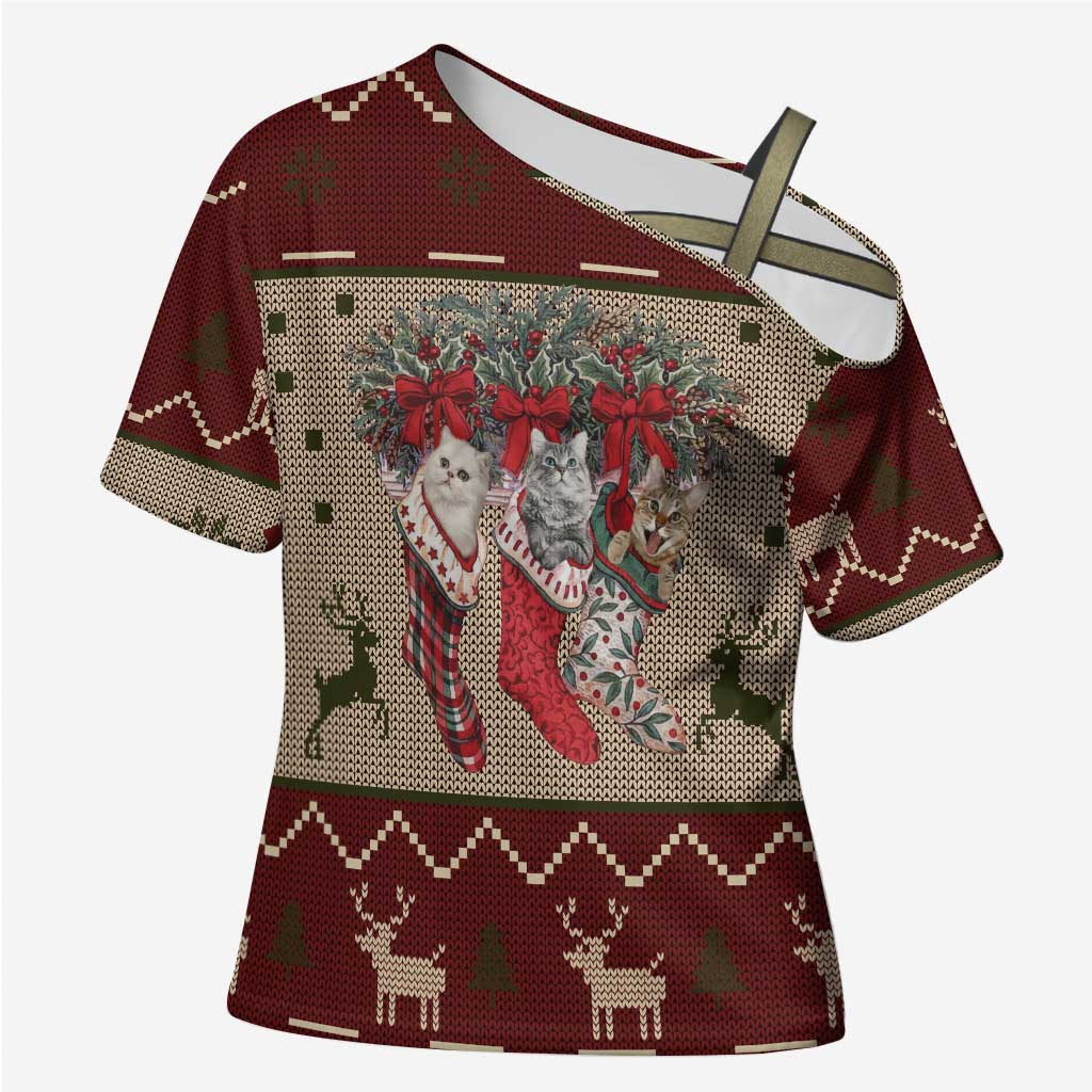 Cat And Sock Christmas Cross Shoulder Shirt Xmas Holiday Patterns - Wonder Print Shop