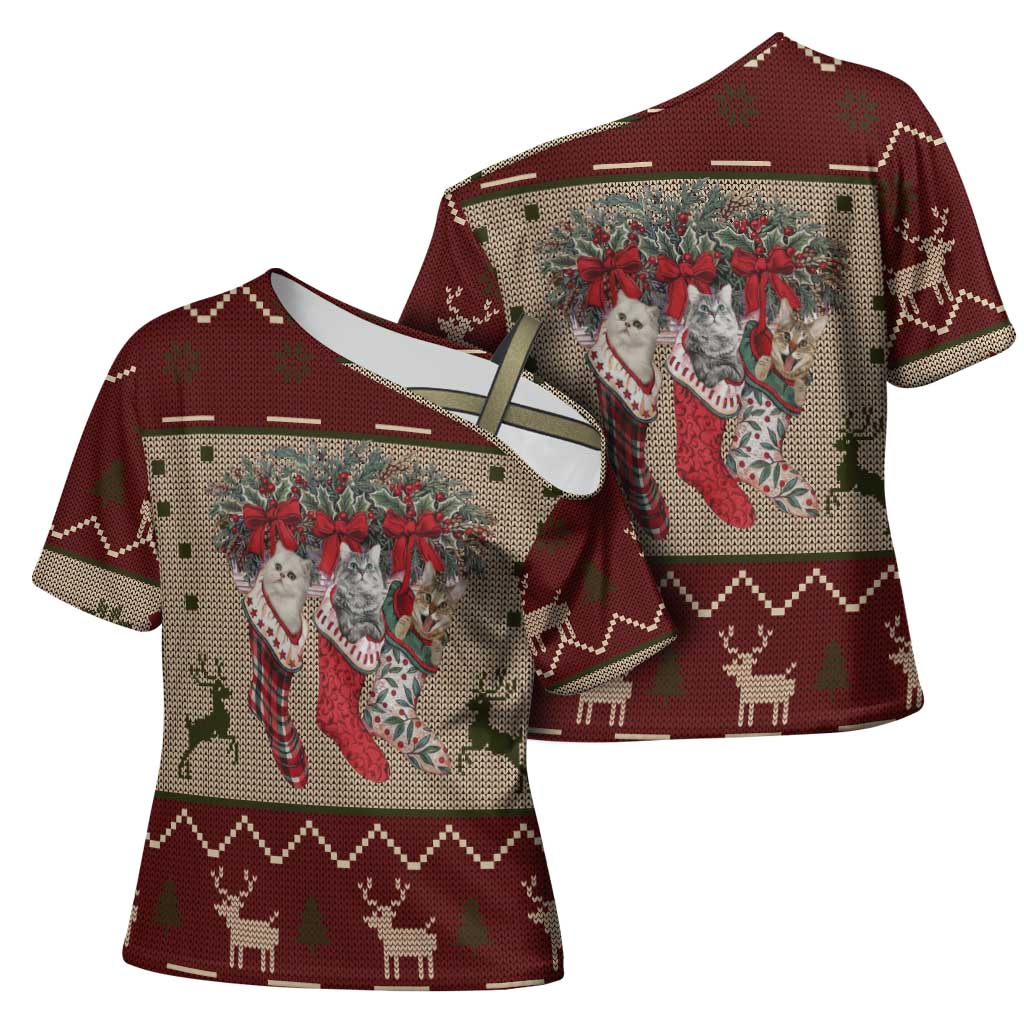 Cat And Sock Christmas Cross Shoulder Shirt Xmas Holiday Patterns - Wonder Print Shop