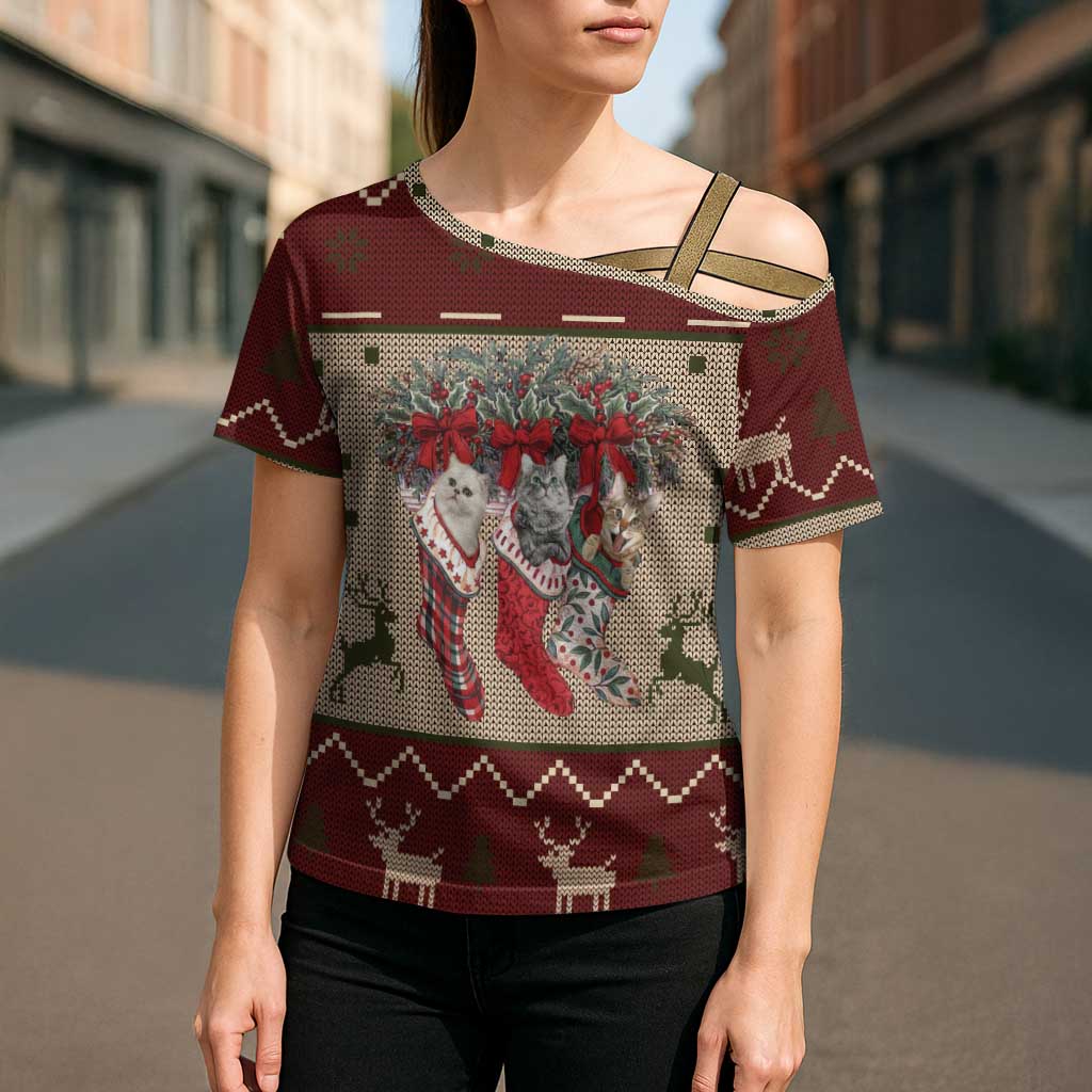 Cat And Sock Christmas Cross Shoulder Shirt Xmas Holiday Patterns - Wonder Print Shop