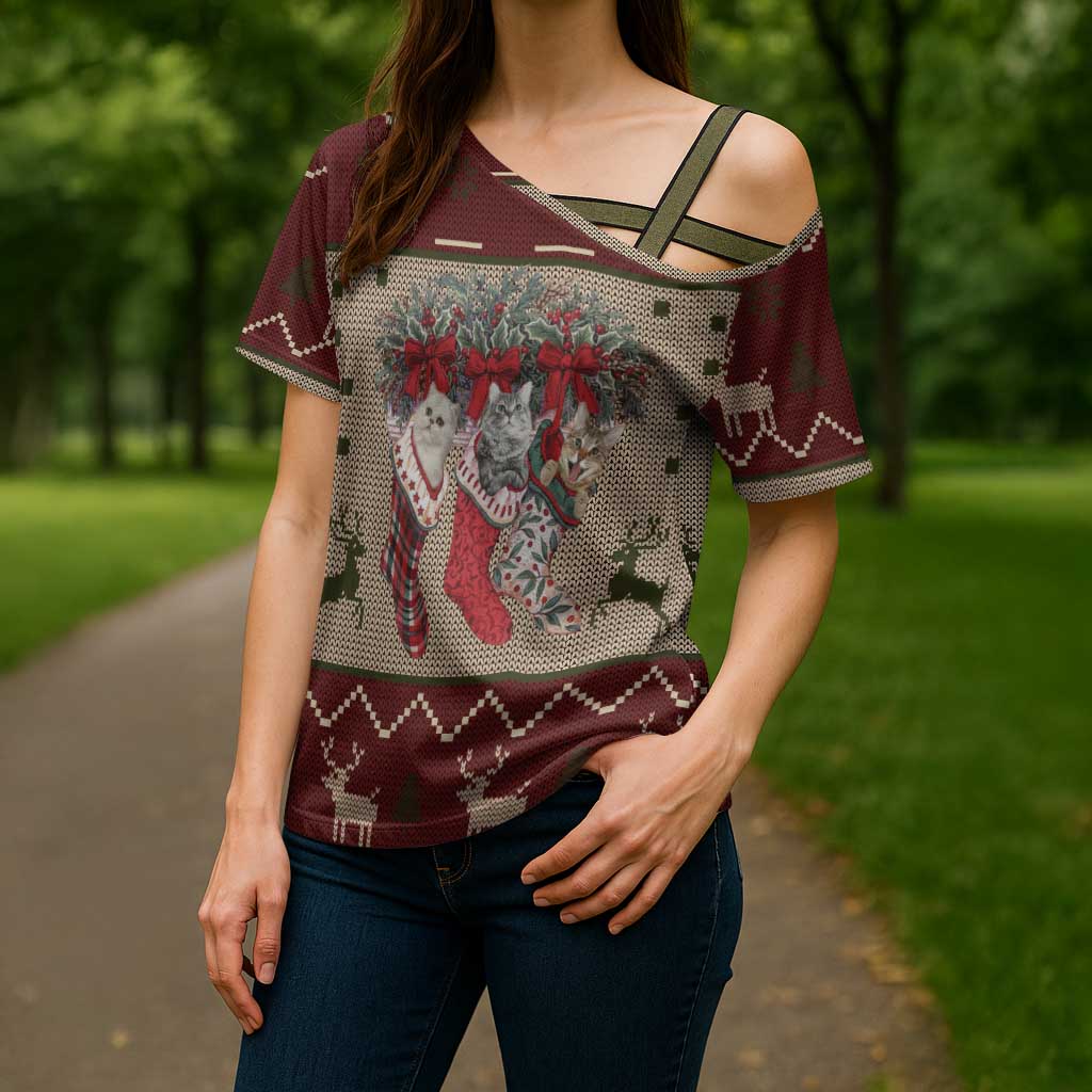 Cat And Sock Christmas Cross Shoulder Shirt Xmas Holiday Patterns - Wonder Print Shop