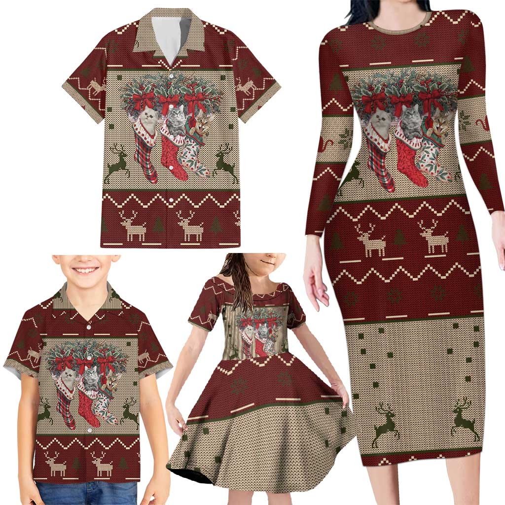 Cat And Sock Christmas Family Matching Long Sleeve Bodycon Dress and Hawaiian Shirt Xmas Holiday Patterns - Wonder Print Shop