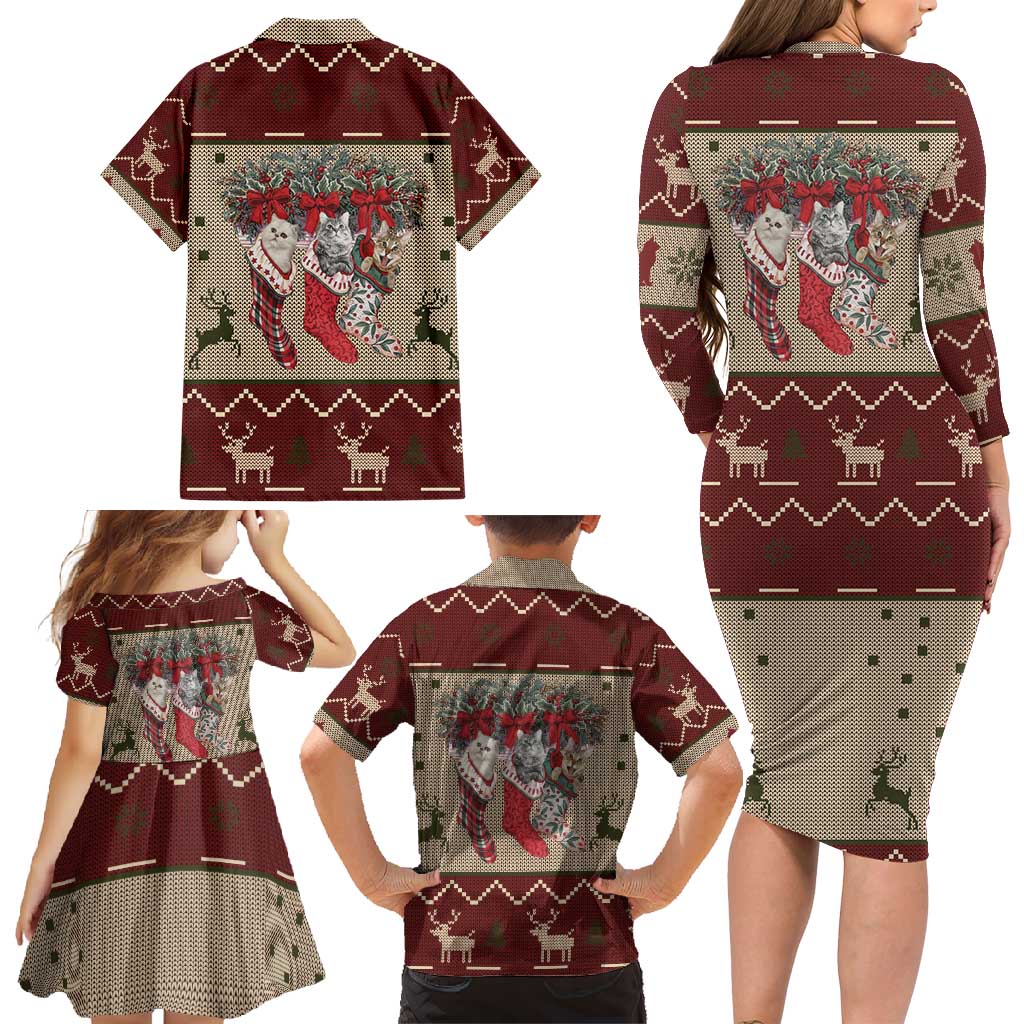 Cat And Sock Christmas Family Matching Long Sleeve Bodycon Dress and Hawaiian Shirt Xmas Holiday Patterns - Wonder Print Shop