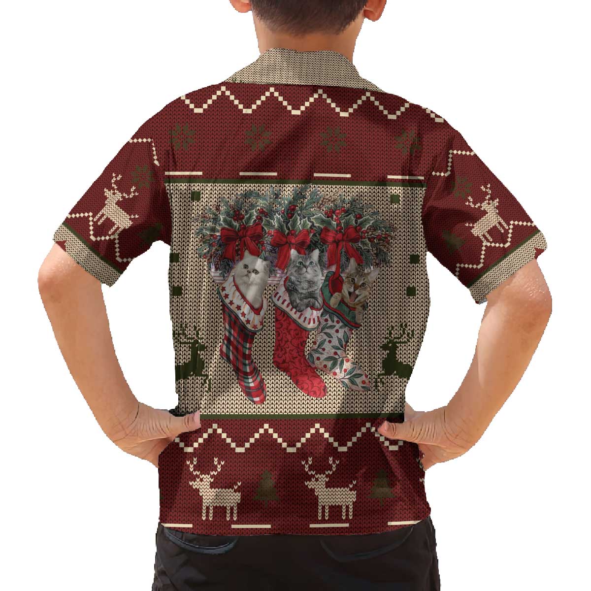 Cat And Sock Christmas Family Matching Off The Shoulder Long Sleeve Dress and Hawaiian Shirt Xmas Holiday Patterns - Wonder Print Shop