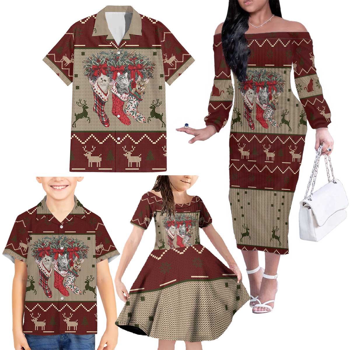 Cat And Sock Christmas Family Matching Off The Shoulder Long Sleeve Dress and Hawaiian Shirt Xmas Holiday Patterns - Wonder Print Shop