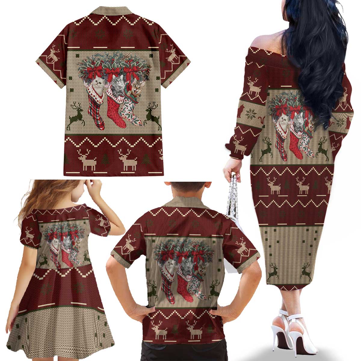 Cat And Sock Christmas Family Matching Off The Shoulder Long Sleeve Dress and Hawaiian Shirt Xmas Holiday Patterns - Wonder Print Shop