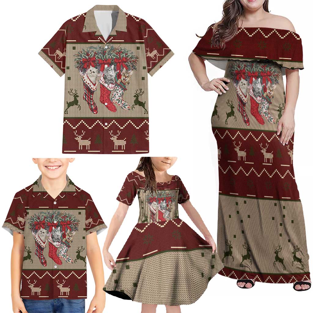 Cat And Sock Christmas Family Matching Off Shoulder Maxi Dress and Hawaiian Shirt Xmas Holiday Patterns - Wonder Print Shop