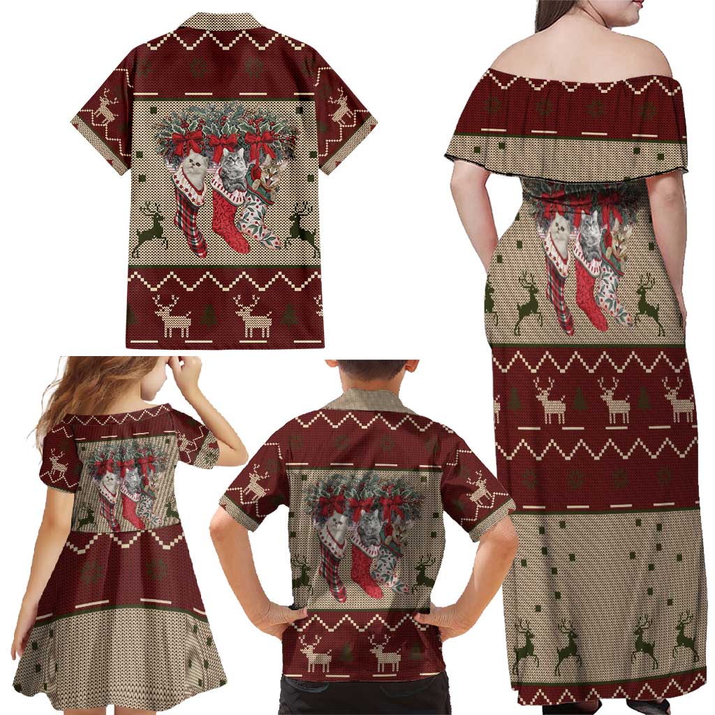 Cat And Sock Christmas Family Matching Off Shoulder Maxi Dress and Hawaiian Shirt Xmas Holiday Patterns - Wonder Print Shop