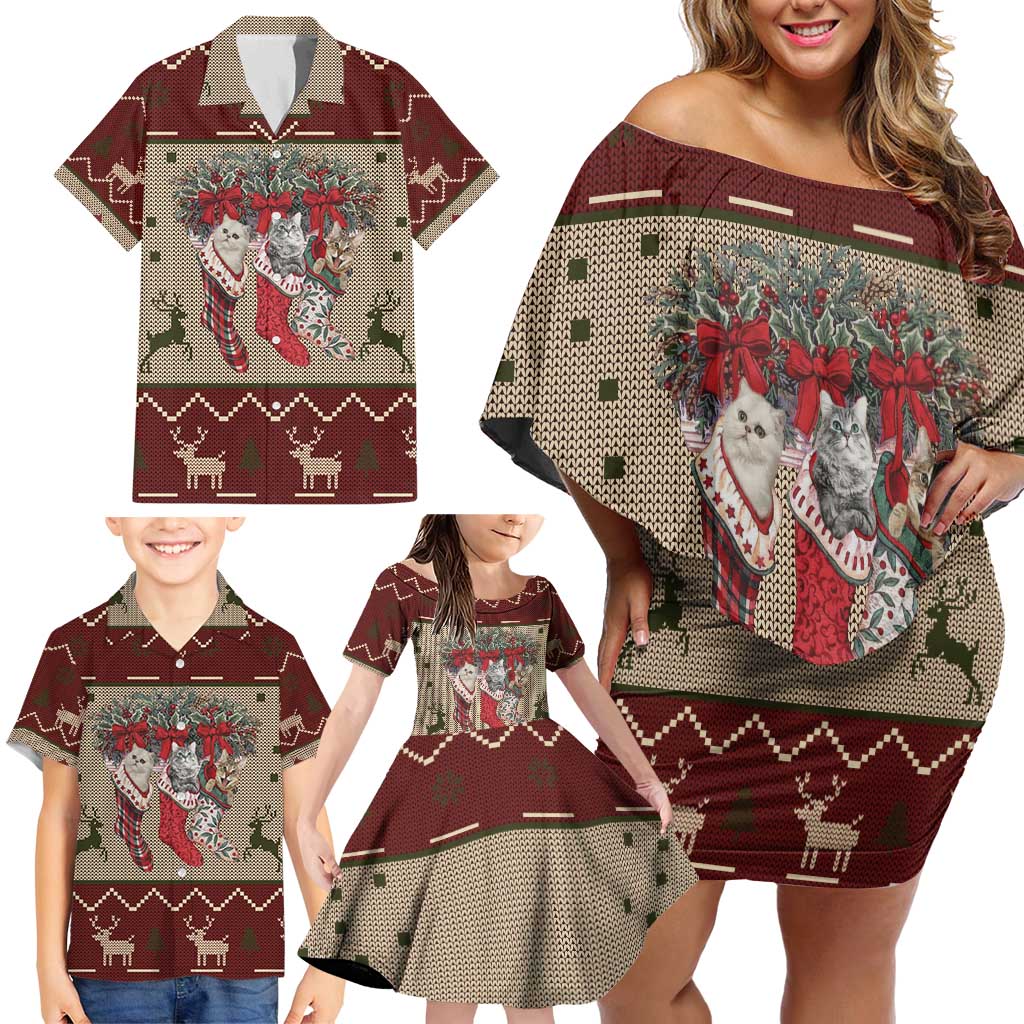Cat And Sock Christmas Family Matching Off Shoulder Short Dress and Hawaiian Shirt Xmas Holiday Patterns - Wonder Print Shop