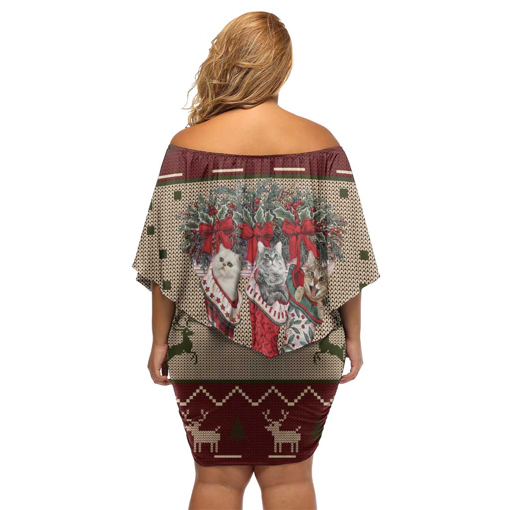 Cat And Sock Christmas Family Matching Off Shoulder Short Dress and Hawaiian Shirt Xmas Holiday Patterns - Wonder Print Shop