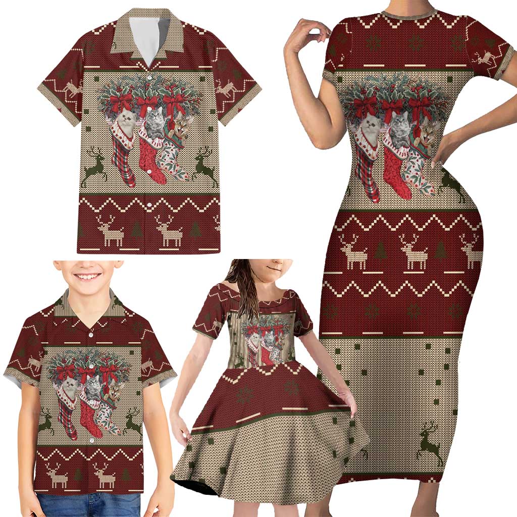 Cat And Sock Christmas Family Matching Short Sleeve Bodycon Dress and Hawaiian Shirt Xmas Holiday Patterns - Wonder Print Shop