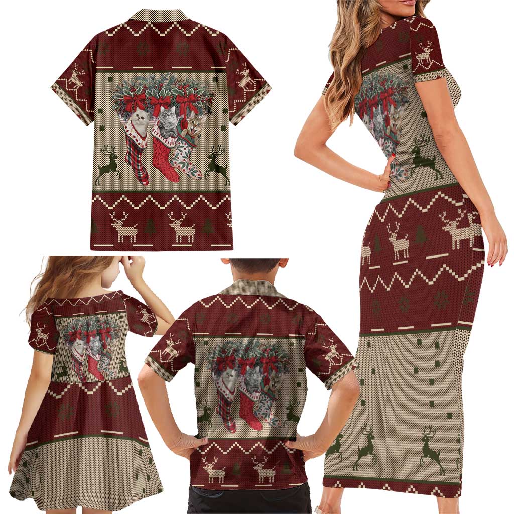 Cat And Sock Christmas Family Matching Short Sleeve Bodycon Dress and Hawaiian Shirt Xmas Holiday Patterns - Wonder Print Shop