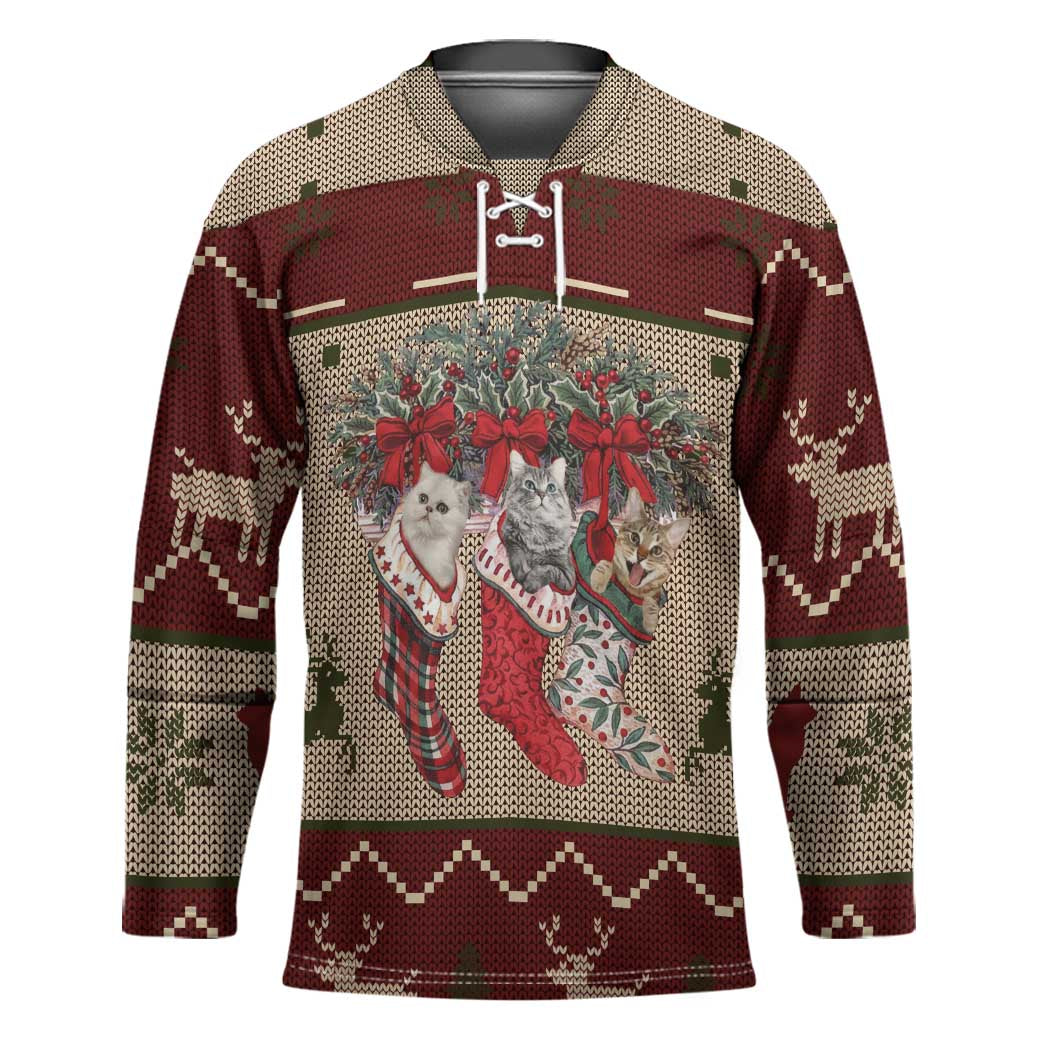 Cat And Sock Christmas Hockey Jersey Xmas Holiday Patterns - Wonder Print Shop