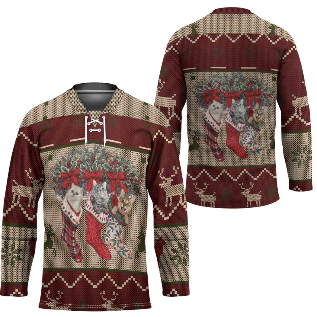Cat And Sock Christmas Hockey Jersey Xmas Holiday Patterns - Wonder Print Shop